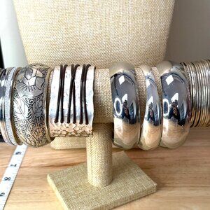 Silver Tone Bangle & Cuff Bracelet Lot Bundle Statement Chunky Mixed Styles